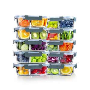 Consing hot sale microwave oven safe rectangle borosilicate glass meal prep lunch box food containers with 2 compartments full-divided glassbody and lid