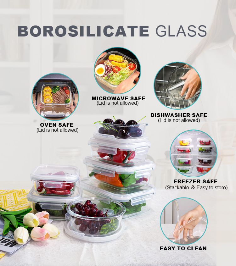 CONSING fast delivery on stock rectangular glass food storage container with locking lids