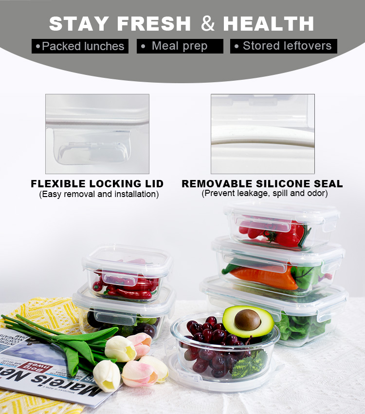 CONSING fast delivery on stock rectangular glass food storage container with locking lids