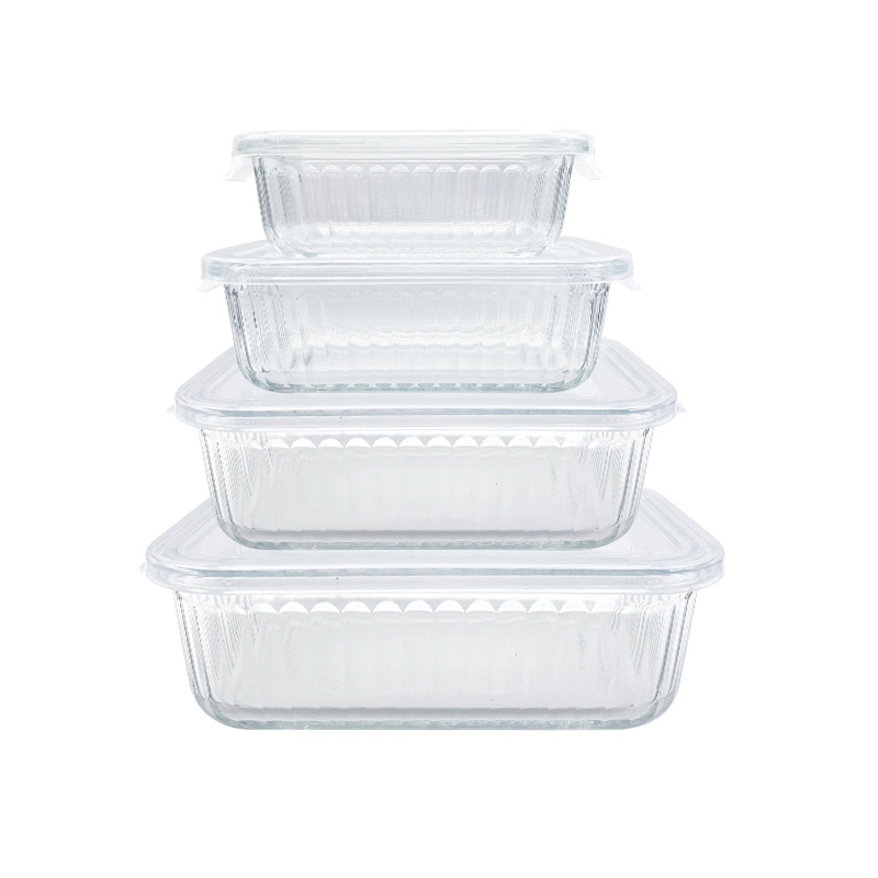 Ribbed Design Glass Container, Non-Toxic Plastic BPA-Free Lids, Rectangular