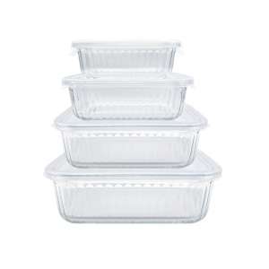 Ribbed Design Glass Container, Non-Toxic Plastic BPA-Free Lids, Rectangular