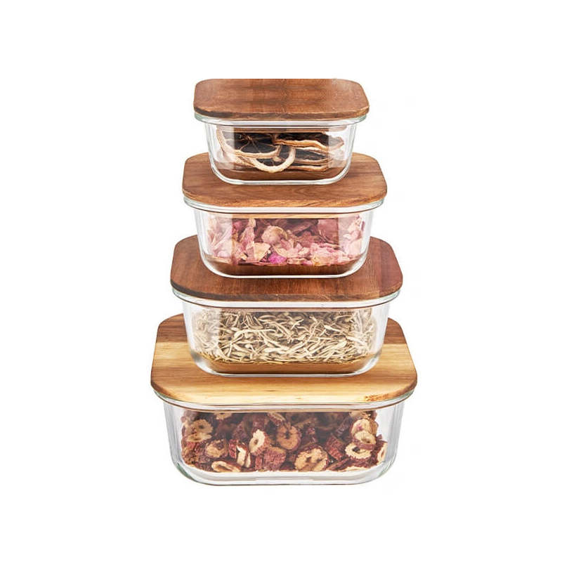 Plastic-Free Microwavable Glass Material Food Storage Box with Wood Lid Square
