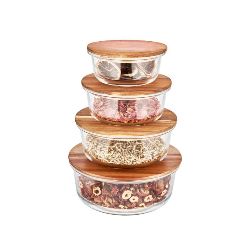 Eco Friendly Modern Fashion Glass Container Lunch Box with a Silicon Ring and Wood Lids Round