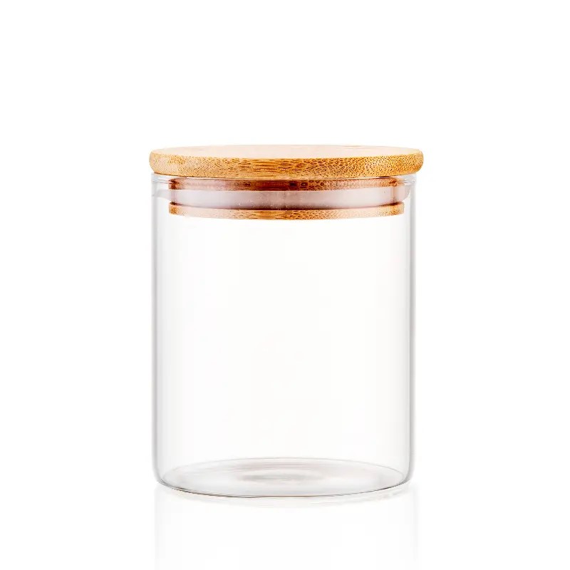Round Custom High Borosilicate Glass Food Storage Jars Containers Bamboo Lids Kitchen Canister with Bamboo Lids Set