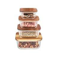Plastic-Free Microwavable Glass Material Food Storage Box with Wood Lid Square