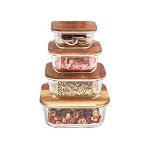 Plastic-Free Microwavable Glass Material Food Storage Box with Wood Lid Square
