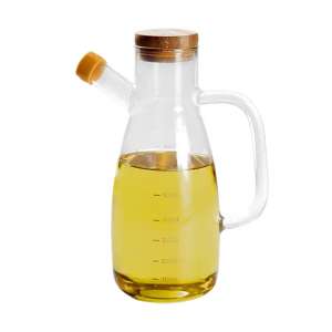 Transparent Glass Oil Pot with Bamboo Lid, Kitchen Glass Oil Dispenser with Scale