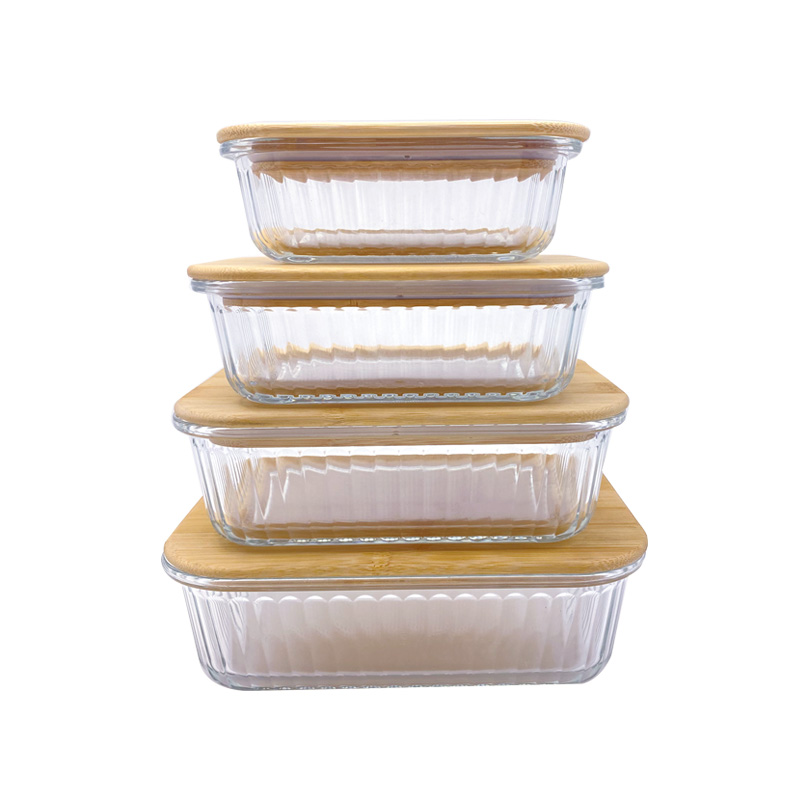 Eco-friendly, Plastic-free, and BPA-free Airtight Ribbed Glass Food Storage Containers with Bamboo Lids Rectangular