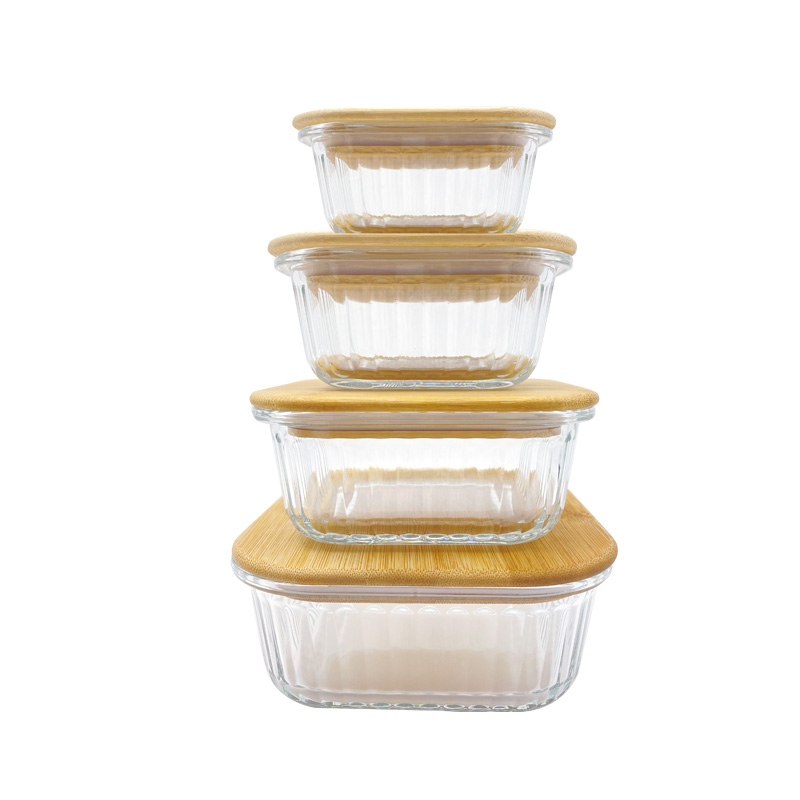 Ribbed Glass Food Storage Containers with Bamboo Lid, Square