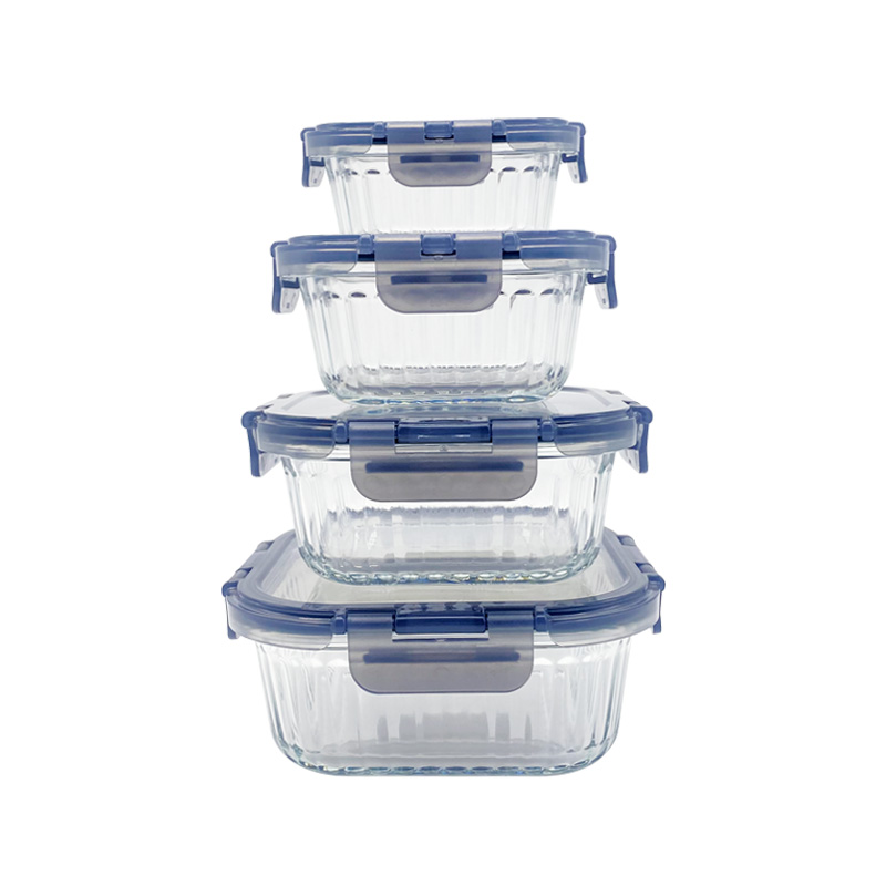 Ribbed Design Glass  Food Storage Container with Removable Ears, Square