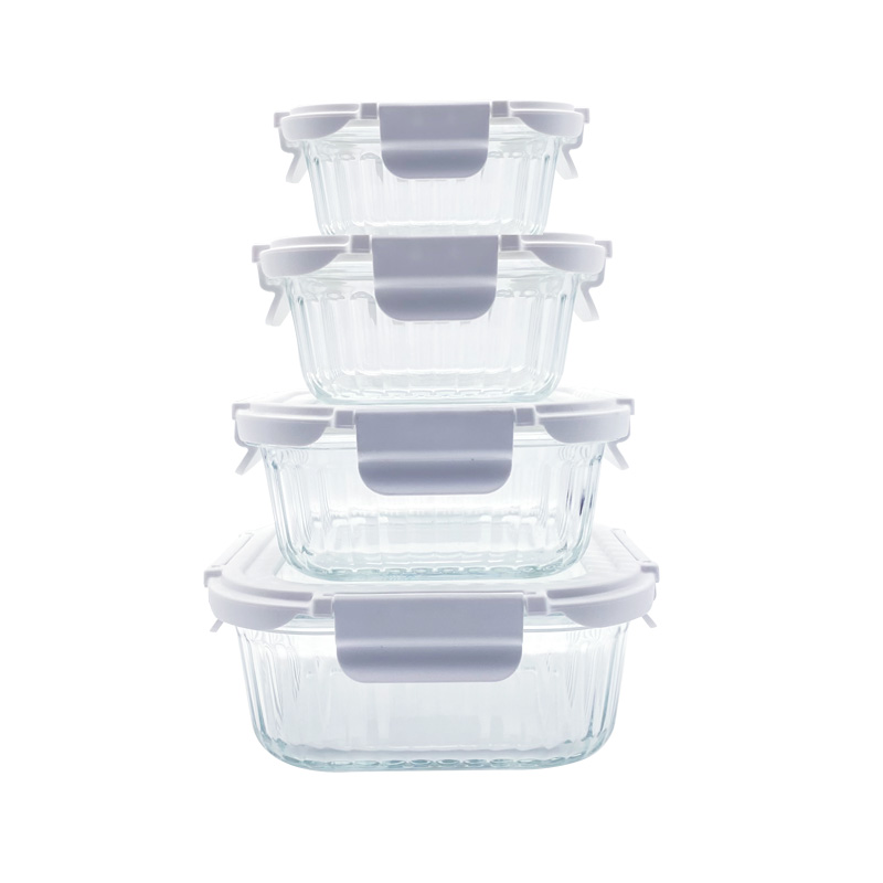 Ribbed Glass Container with Glass Lids, Dishwasher, Oven, & Microwave Safe, Square