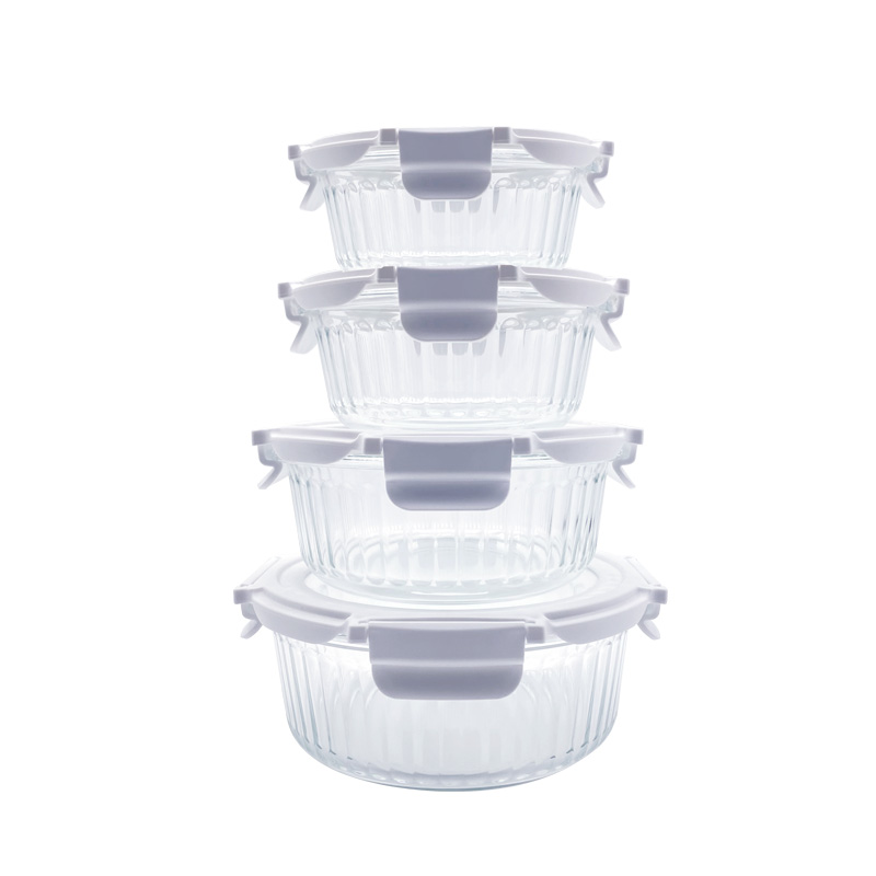 New Design Ribbed Glass Container with Glass Lid, BPA Free, Round