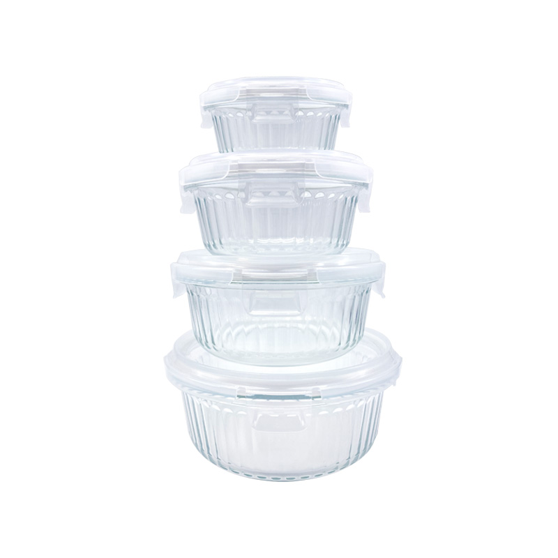 Ribbed Glass Food Storage Containers with Lids, Airtight Glass Container Storage, Round