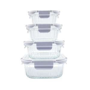 Ribbed Glass Container with Glass Lids, Dishwasher, Oven, & Microwave Safe, Square