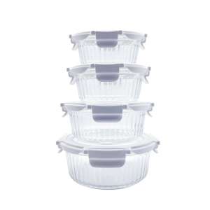 New Design Ribbed Glass Container with Glass Lid, BPA Free, Round