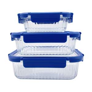 Ribbed Glass Containers with Glass Lids, Airtight, Non-Toxic, Dishwasher & Oven Safe, Rectangular