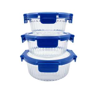 New Arrival Ribbed Glass Food Storage Containers with Airtight Glass Lids, BPA-Free, Leakproof, Round