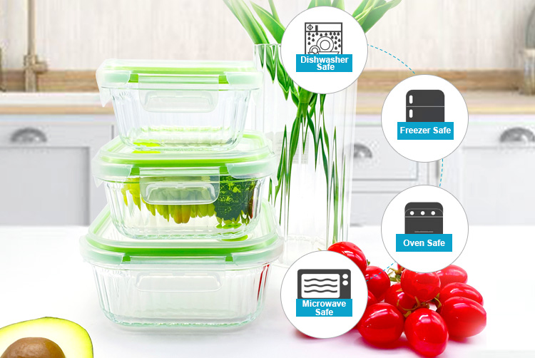 BPA-Free Ribbed Glass Containers with Vented Lids – Airtight & Leakproof, Square