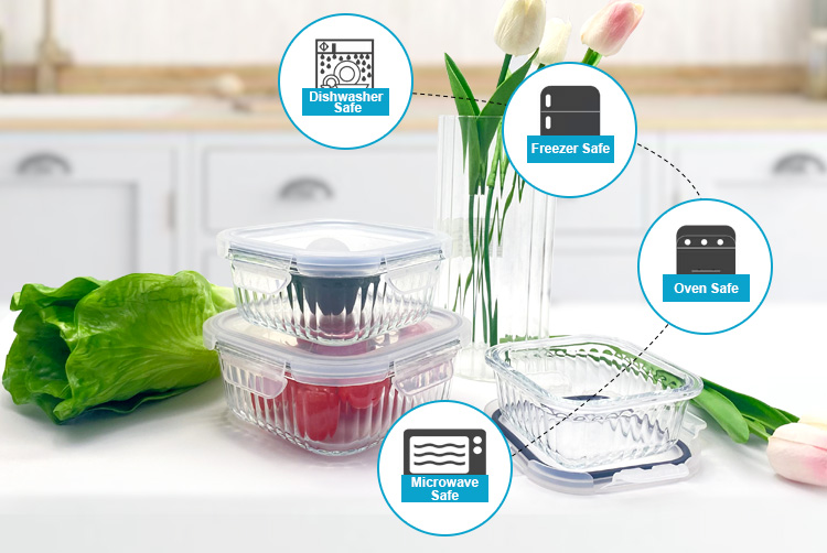 Ribbed Design Glass Meal Prep Containers with Lids, Leak-Proof, Food Storage