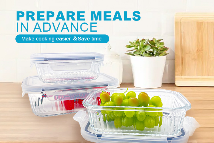 Rectangular Ribbed Design Glass Meal Prep Containers, Microwave-Safe Food Storage