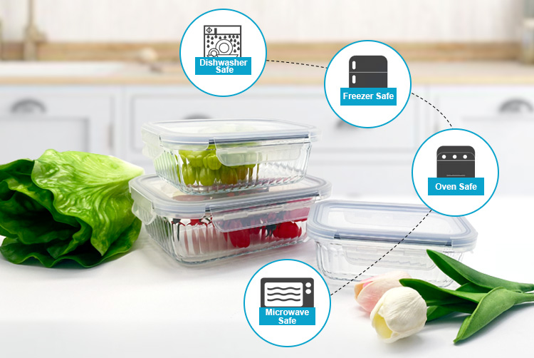 Rectangular Ribbed Design Glass Meal Prep Containers, Microwave-Safe Food Storage