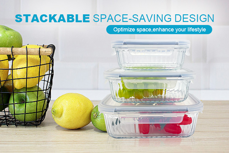 Rectangular Ribbed Design Glass Meal Prep Containers, Microwave-Safe Food Storage