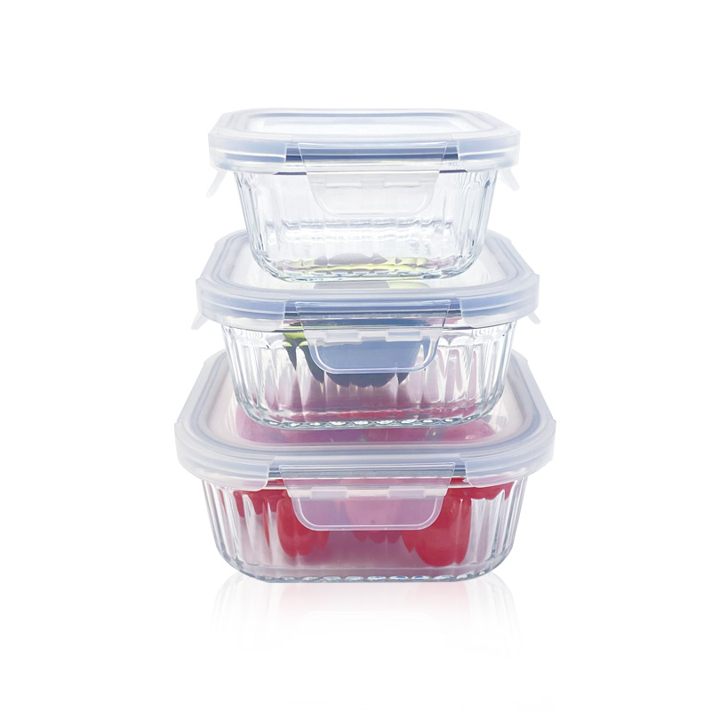 Square Modern Glass Container Set, Ribbed Design Glass container, Stylish & Leak-Proof