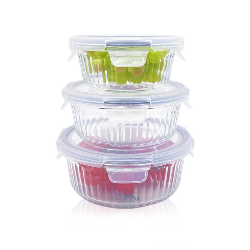 Round Ribbed Glass Food Storage Containers with Plastic Lids, Airtight & Leakproof