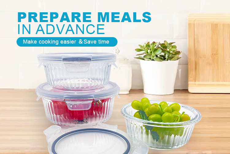 Round Ribbed Glass Food Storage Containers with Plastic Lids, Airtight & Leakproof