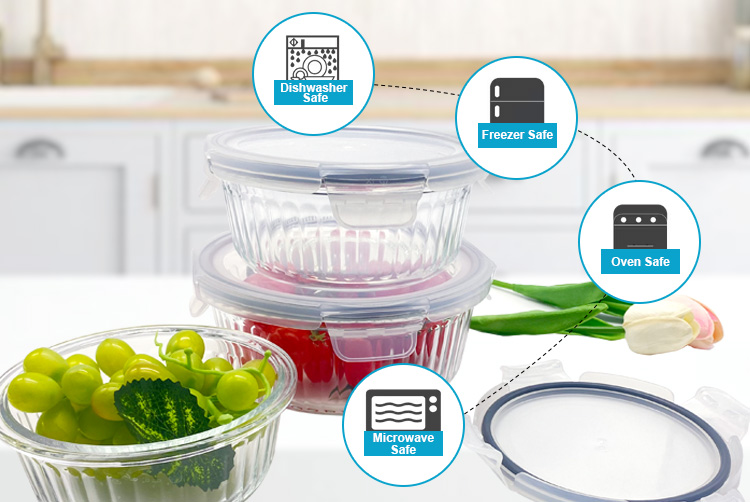 Round Ribbed Glass Food Storage Containers with Plastic Lids, Airtight & Leakproof
