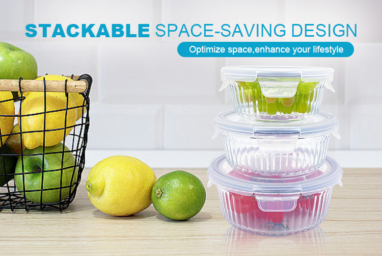 Round Ribbed Glass Food Storage Containers with Plastic Lids, Airtight & Leakproof