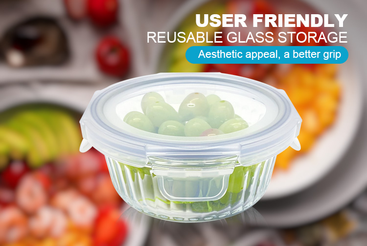 Round Ribbed Glass Food Storage Containers with Plastic Lids, Airtight & Leakproof