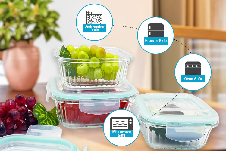 Square Ribbed Glass Food Storage Containers with Airtight Lids - Leakproof,Oven & Dishwasher Safe