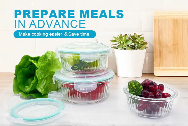 Round Ribbed Glass Meal Prep Containers with Airtight Lids -Reusable Meal Prep & Lunch Boxes