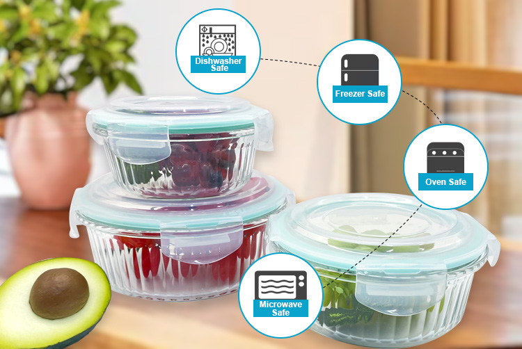 Round Ribbed Glass Meal Prep Containers with Airtight Lids -Reusable Meal Prep & Lunch Boxes