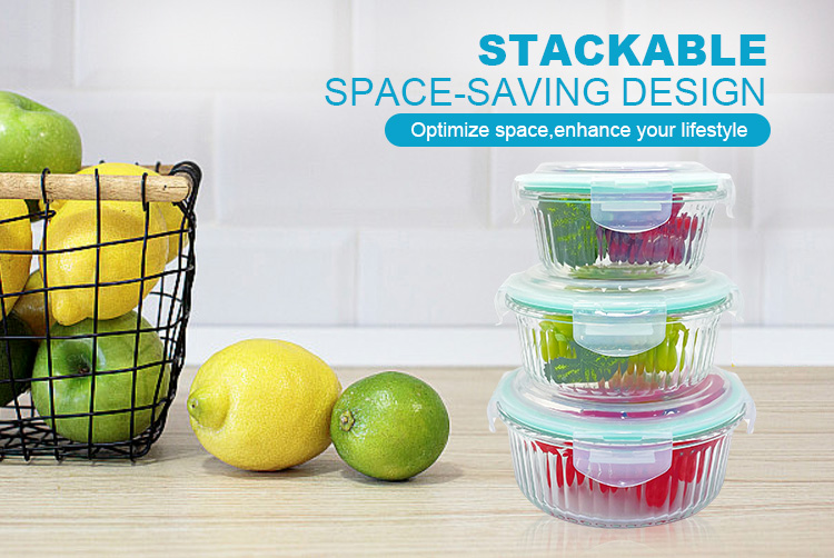 Round Ribbed Glass Meal Prep Containers with Airtight Lids -Reusable Meal Prep & Lunch Boxes