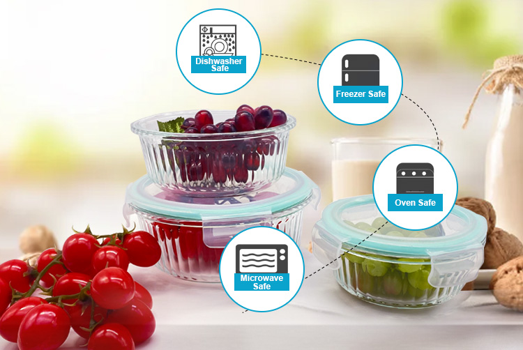 Round Wave Design Glass Lunch Box - Airtight, Leakproof & Multi-Use