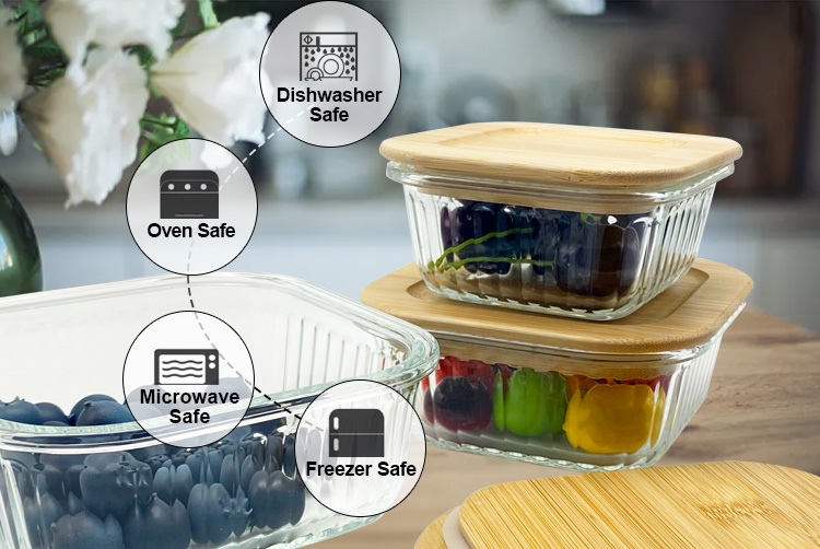 Square Wave Glass Food Storage Containers with Bamboo Lids – Square, Stackable, Airtight
