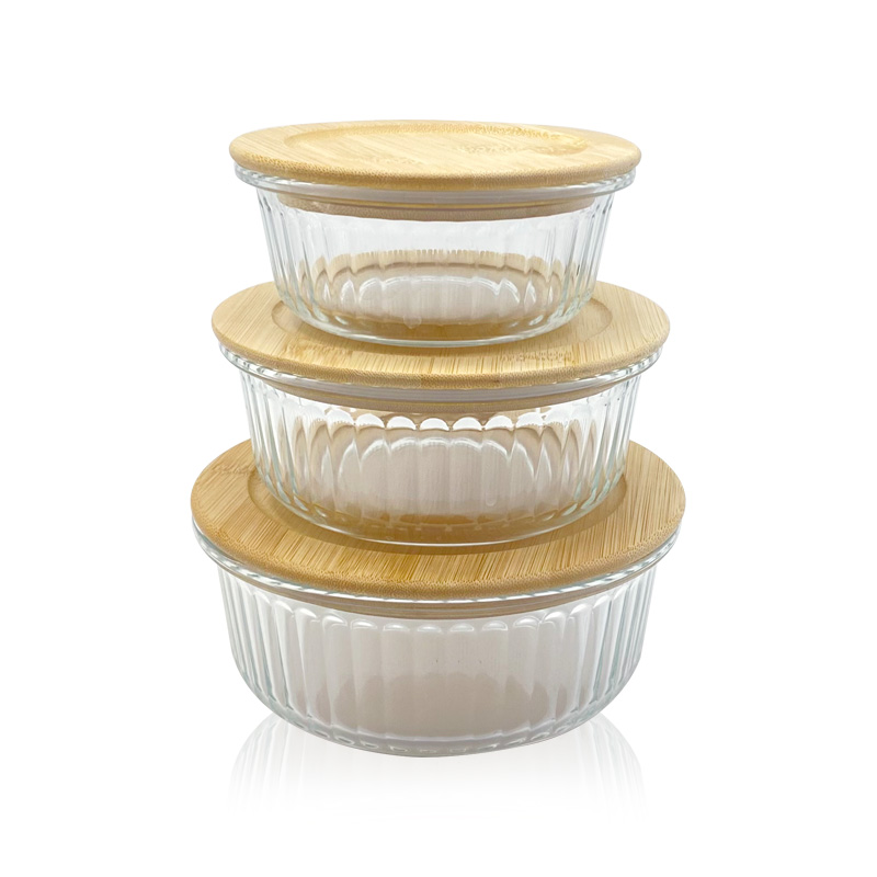 Round Ribbed Glass Containers with Bamboo Lids - Meal Prep & Food Storage