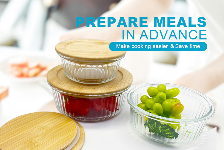 Round Ribbed Glass Containers with Bamboo Lids - Meal Prep & Food Storage