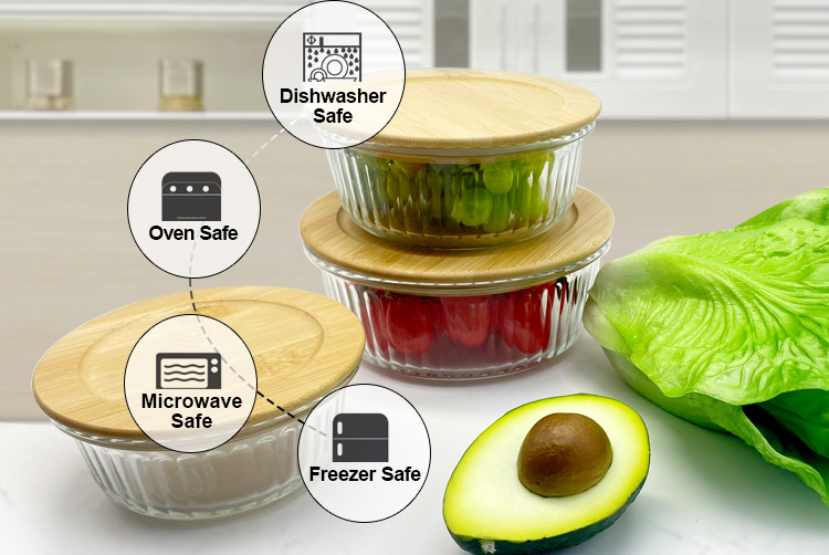 Round Ribbed Glass Containers with Bamboo Lids - Meal Prep & Food Storage