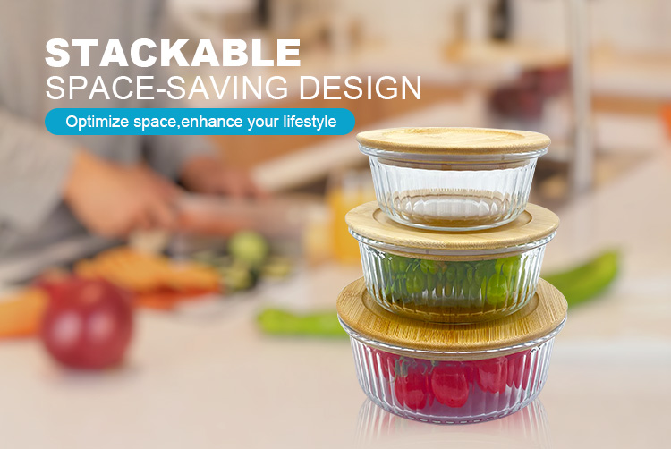 Round Ribbed Glass Containers with Bamboo Lids - Meal Prep & Food Storage