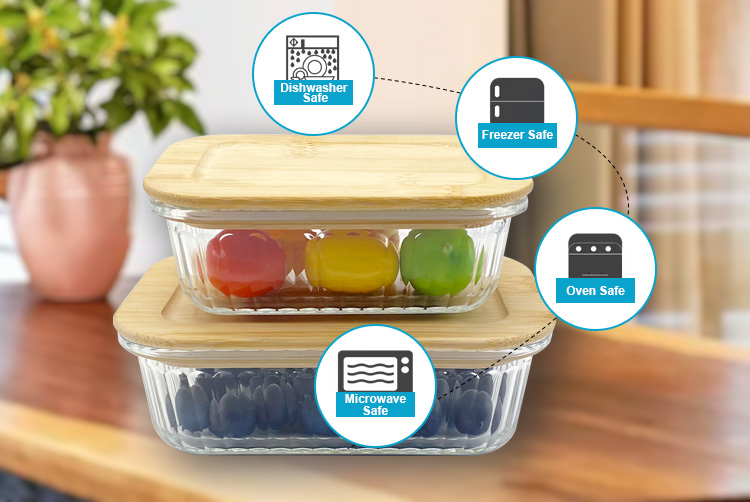 Rectangular Ribbed Glass Food Container with Bamboo Lid – Borosilicate, Airtight