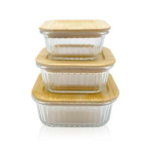 Square Wave Glass Food Storage Containers with Bamboo Lids – Square, Stackable, Airtight