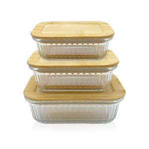 Rectangular Ribbed Glass Food Container with Bamboo Lid – Borosilicate, Airtight