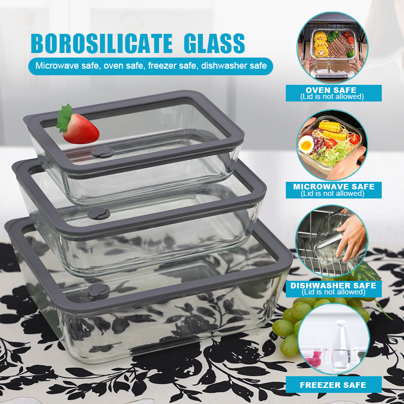 820ml/1550ml/2650ml Premium Rectangular Glass Food Storage Containers with Glass Lids and Vent Holes
