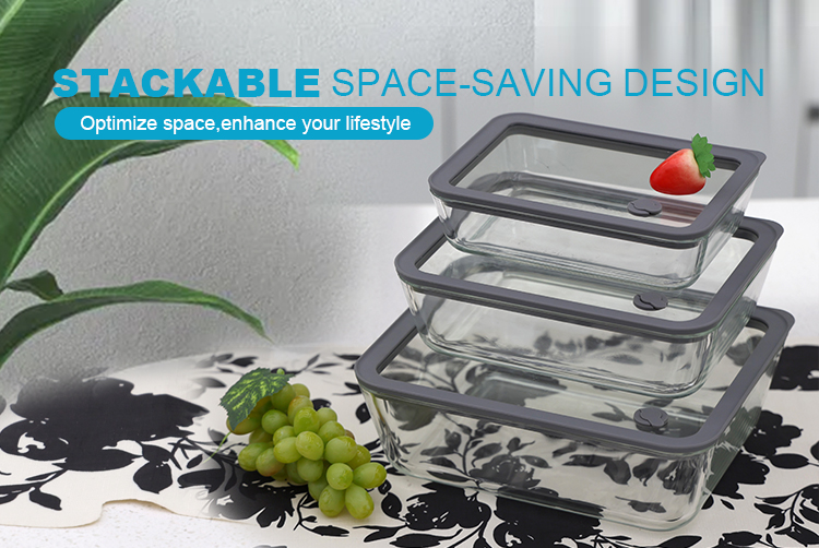 820ml/1550ml/2650ml Premium Rectangular Glass Food Storage Containers with Glass Lids and Vent Holes