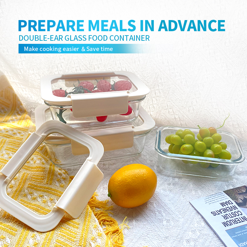 370ml/630ml/1040ml/1500ml Rectangular Glass Food Container with Leakproof Airtight Glass Lid