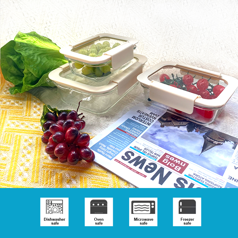 370ml/630ml/1040ml/1500ml Rectangular Glass Food Container with Leakproof Airtight Glass Lid
