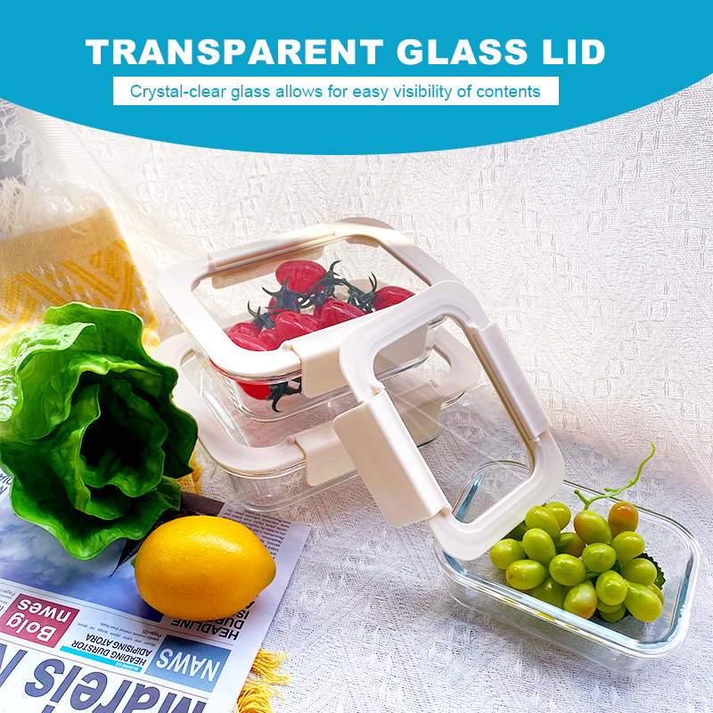 370ml/630ml/1040ml/1500ml Rectangular Glass Food Container with Leakproof Airtight Glass Lid